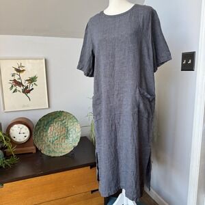 Nygardsanna Linen Dress‎ XS Blue Gray Midi Casual Pockets Short Sleeve Lagenlook